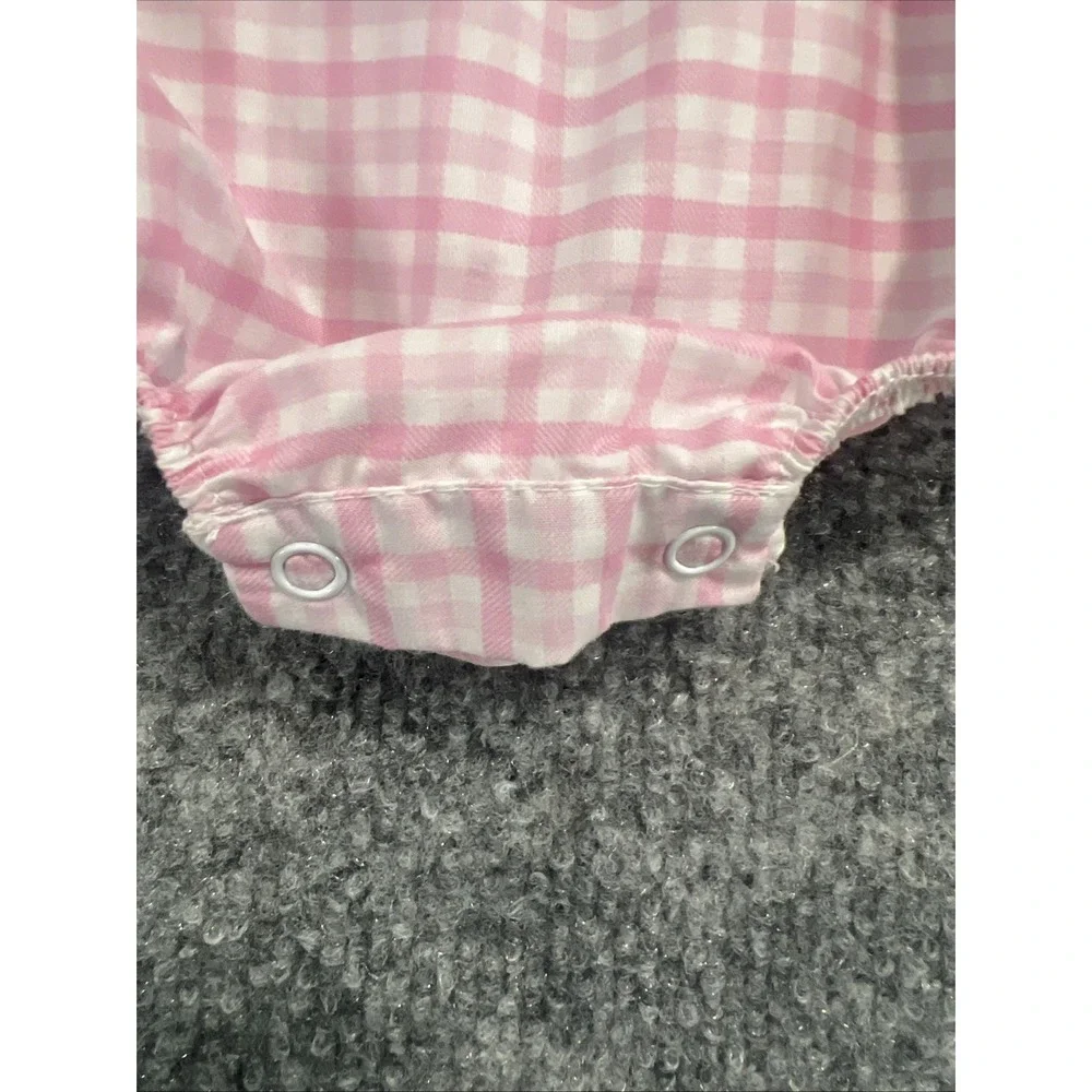 Classic Whimsy Pink Gingham Smocked Rainbow Bubble Romper - Size 6M